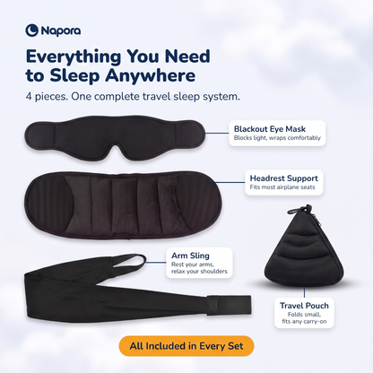 What's included: eye mask, headrest support, arm sling, travel pouch