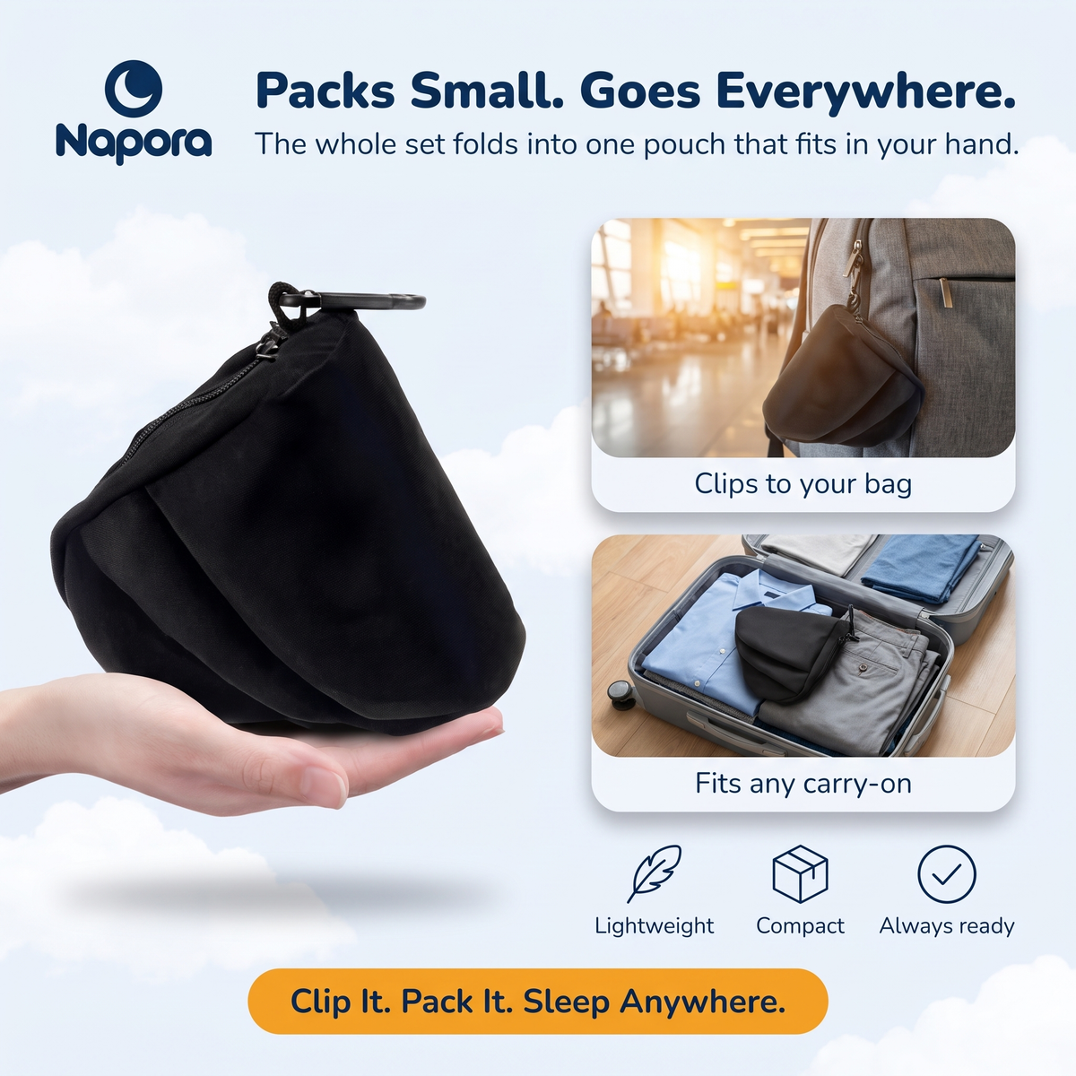 Packs small into one pouch that clips to your bag