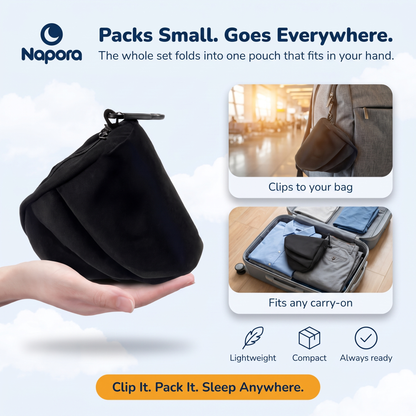 Packs small into one pouch that clips to your bag
